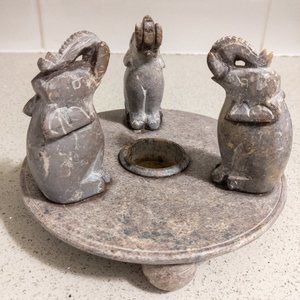 Carved Elephant Candle Holder Natural Stone Boho Large Heavy Base Taupe Brown